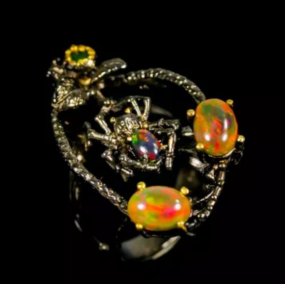 Artist Hand Crafted Jewelry - Natural Ethiopian Black Opal Spider Ring 🔥